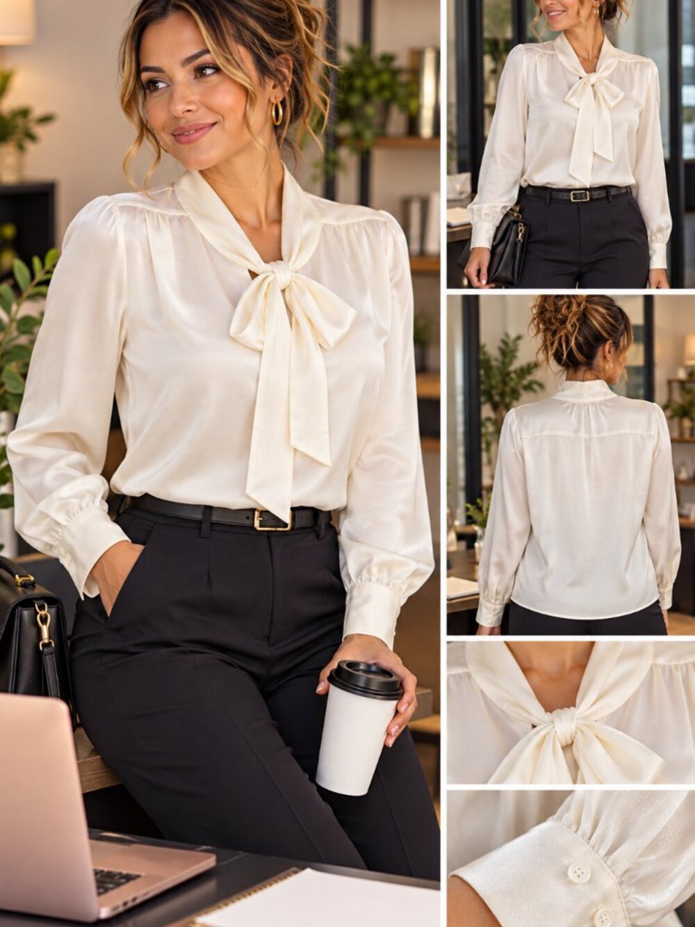 Torrid Ivory Satin Finish Bow Tie Blouse Size 2 Long Sleeve Elegant Office